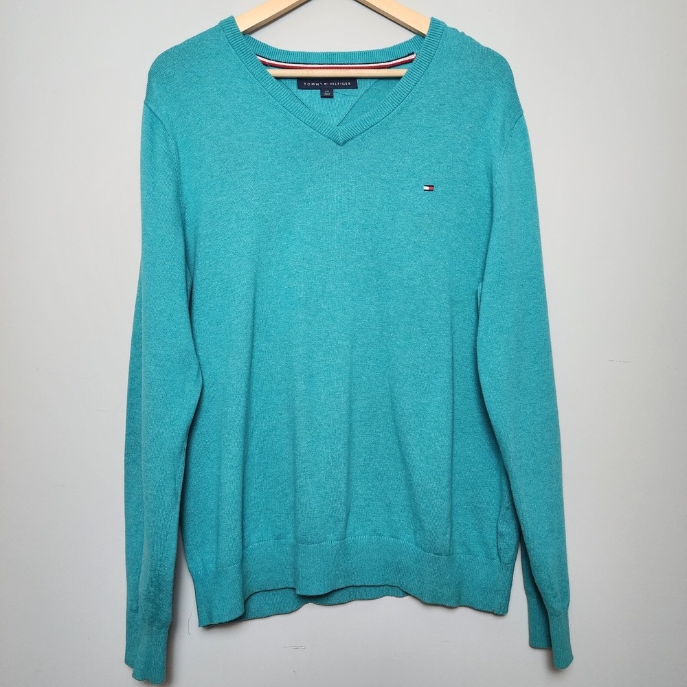 Tommy Hilfiger V-Neck Pullover Sweater Teal Blue Heathered Size Large